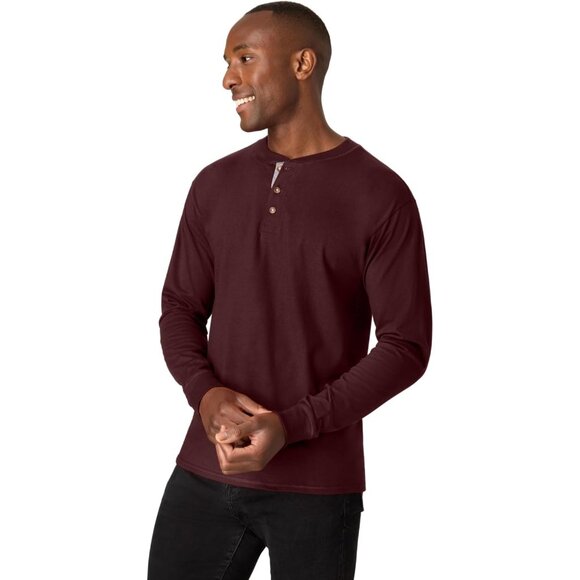 T Beefy Mens Cotton Henley Long Berry Sleeve Shirt Casual Classic Soft Tee Top - Picture 3 of 5